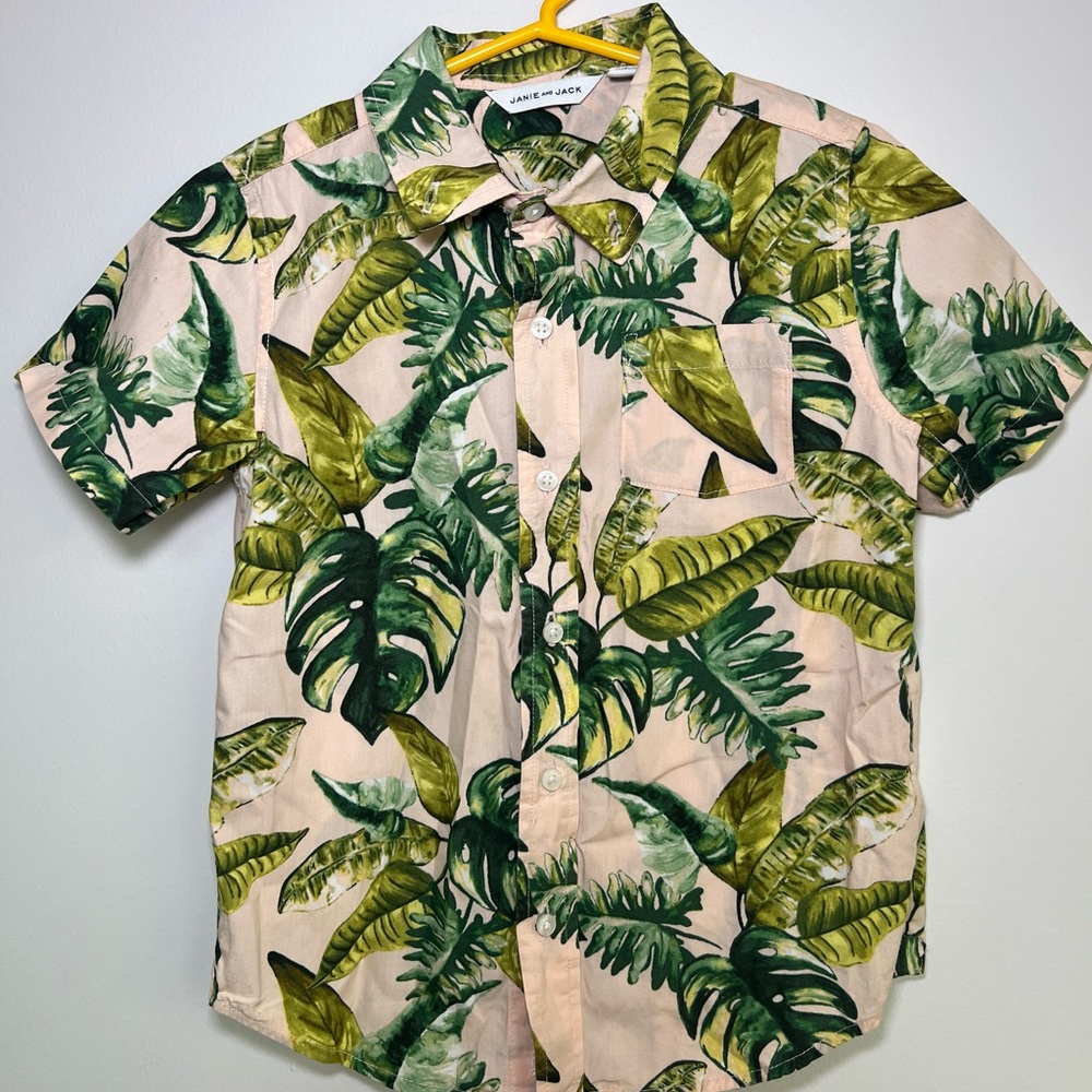Janie and Jack Pink & Green Graphic Palm Poplin Shirt - Picture 1 of 5